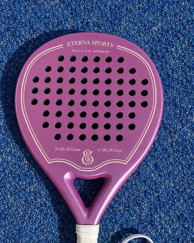 Miami Rose padel racket engraved with a wedding date on the Crown and a name and date on each Wing, left and right
