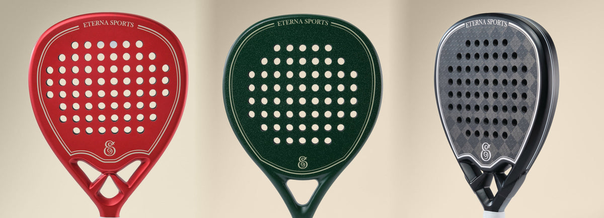 Three Eterna padel rackets side by side: Monaco Red in 3K carbon, Bel Air Green in 12K, Tribeca Laser Black in 18K
