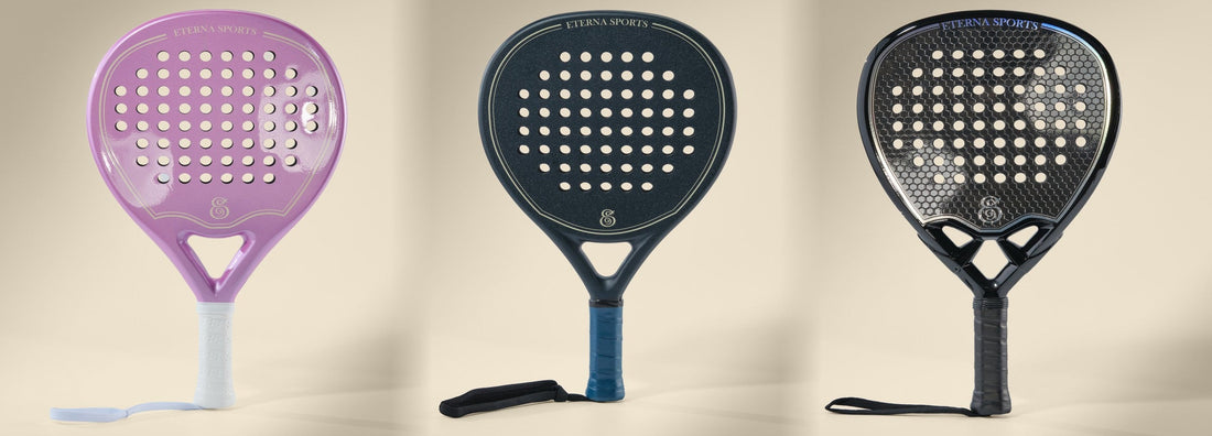 Three Eterna Sports padel rackets side by side: round Miami Rose, teardrop Soho Blue, diamond Tribeca Laser Black
