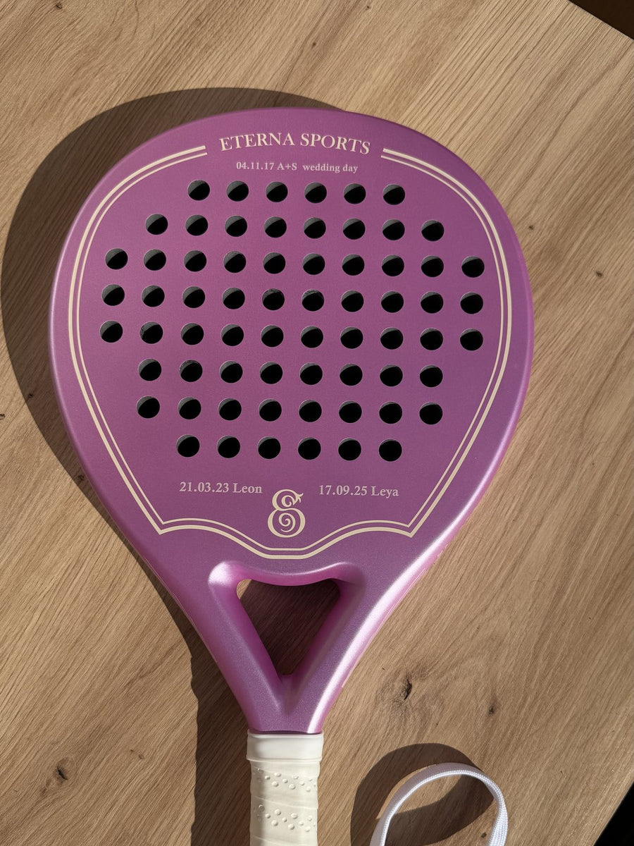 Rose Eterna Sports racket engraved with two names and their wedding dates